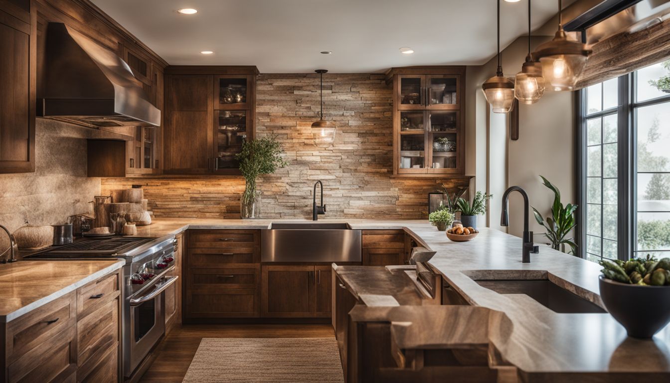 A kitchen with a natural stone backsplash showcasing beautiful texture.