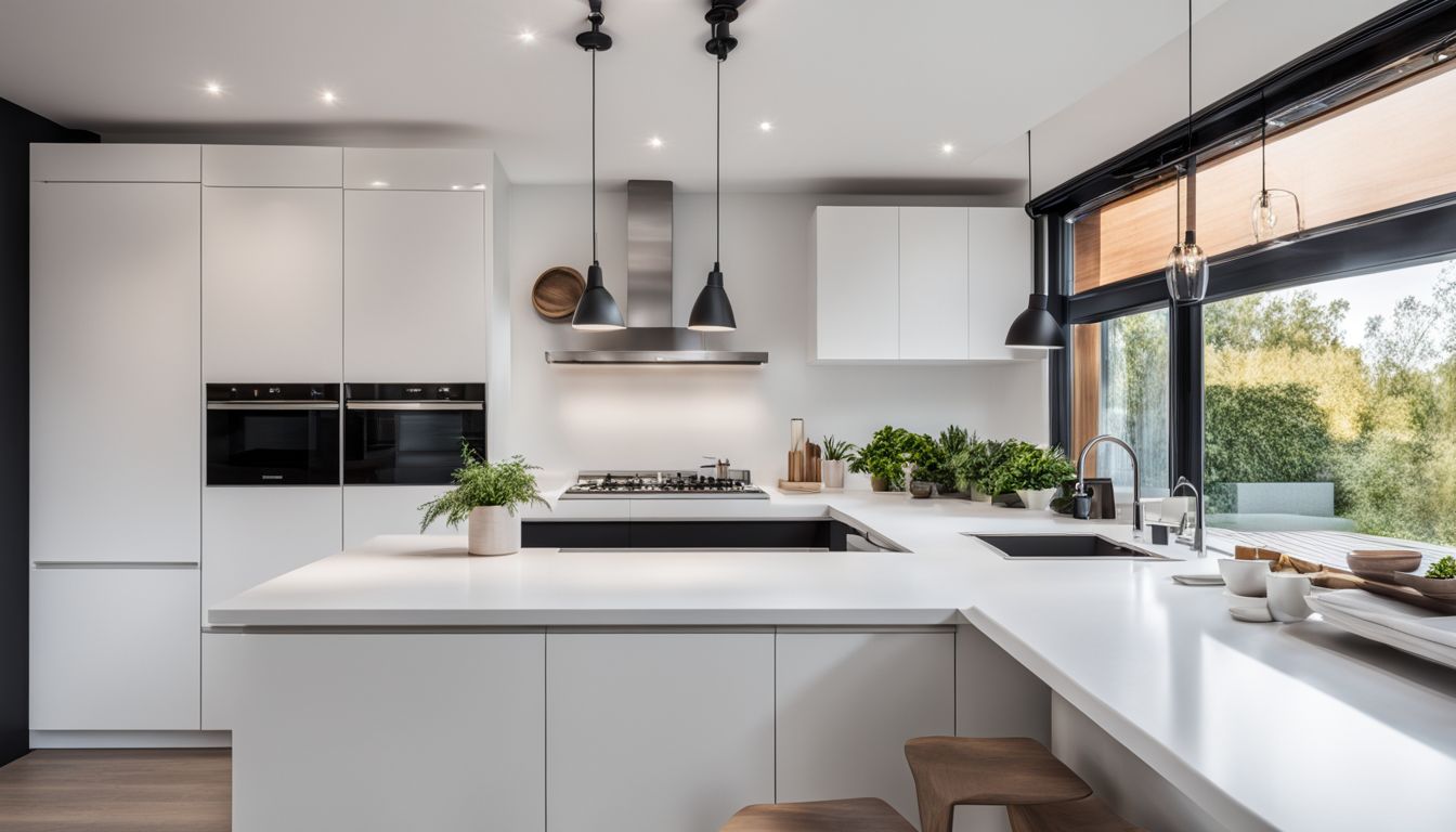 A modern and minimalist kitchen with white cabinets and black countertops.