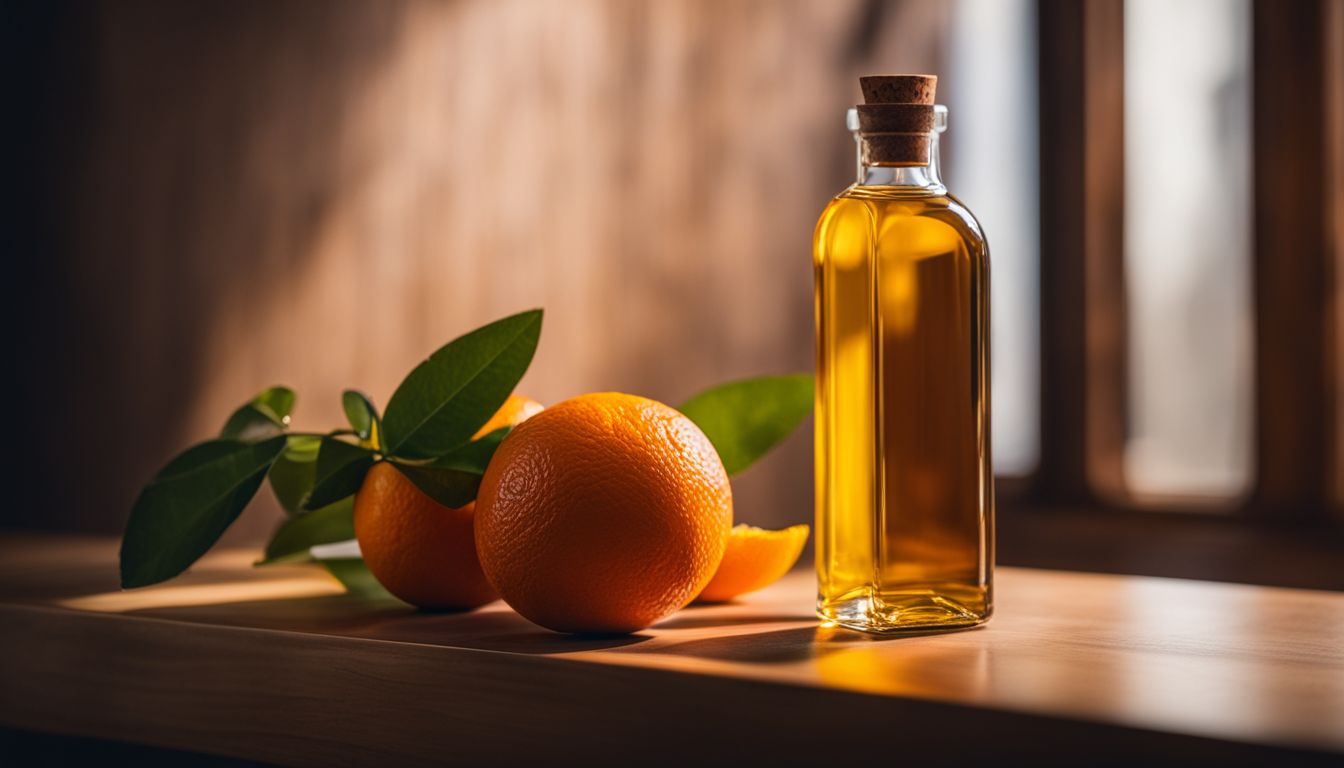 A photo of a bottle of orange oil next to a clean wooden cabinet.