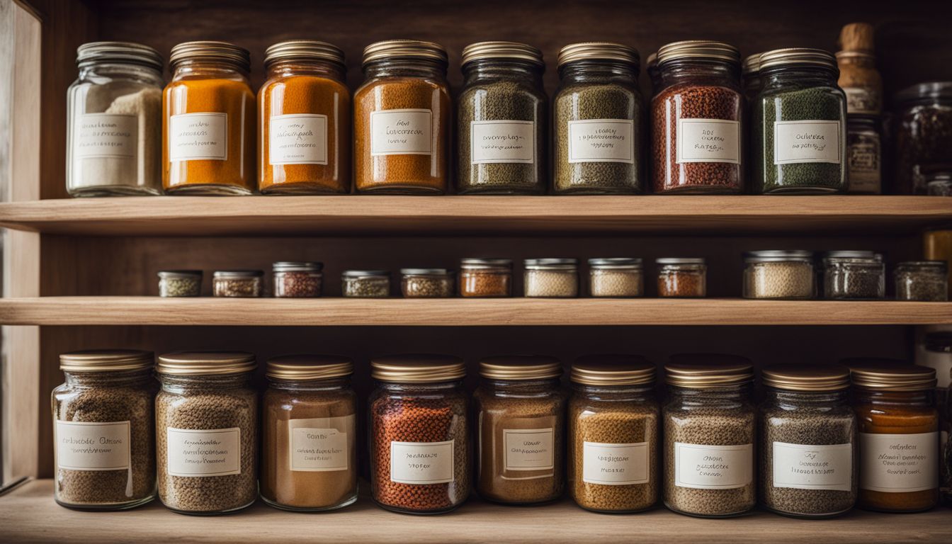 Neatly labeled jars of spices and herbs arranged on a kitchen shelf.