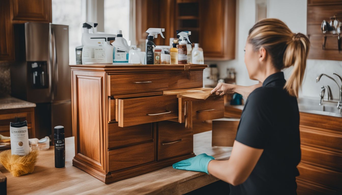 A wooden cabinet being cleaned with a natural wood cleaner.