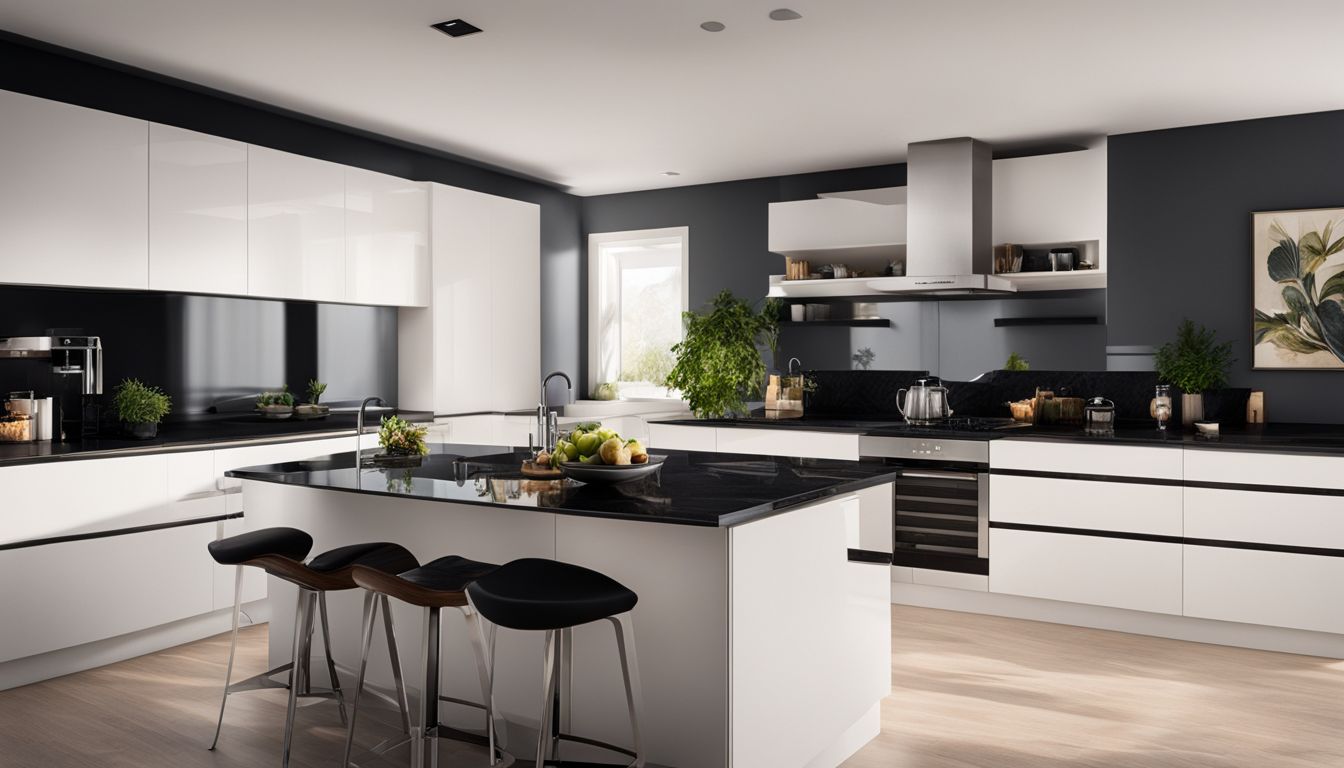 A modern kitchen with black granite countertops and white cabinets.