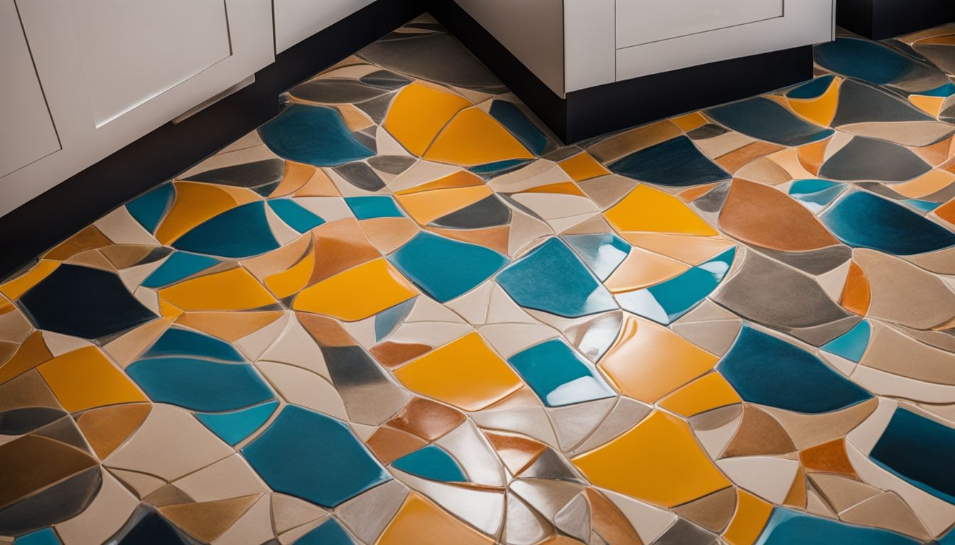 A photo showcasing vibrant patterned tiles on a kitchen floor.