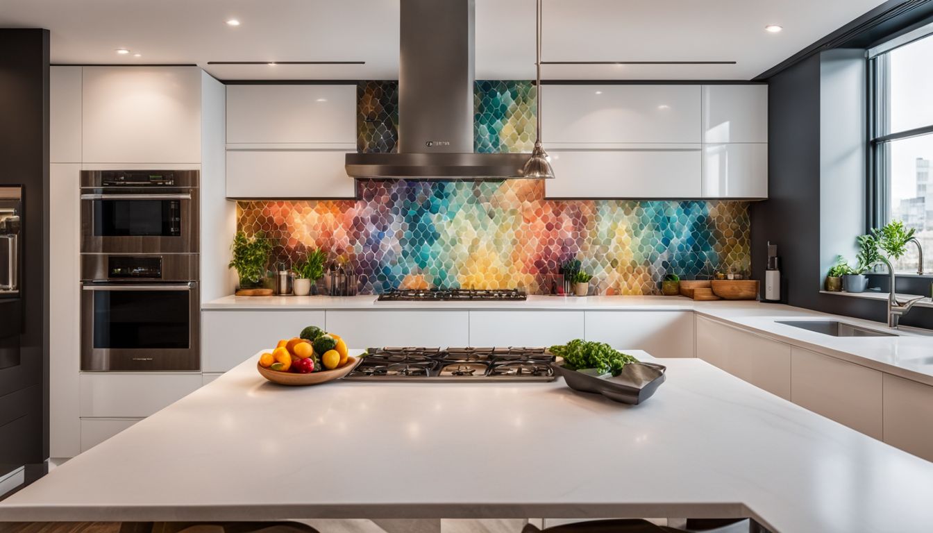 A modern kitchen with a colorful peel-and-stick wallpaper backsplash.