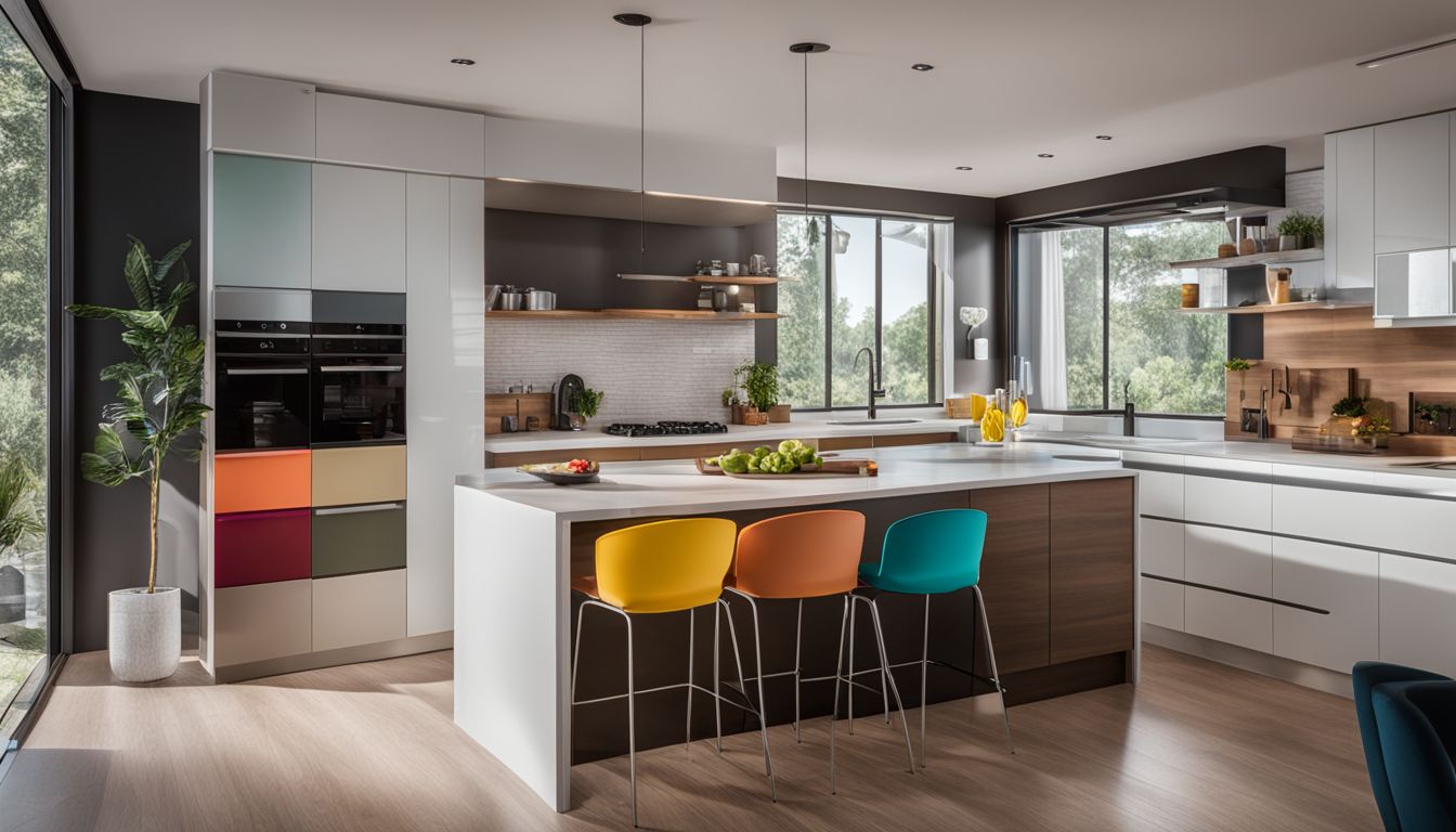 A photo of plastic kitchen cabinets in a modern kitchen with colorful accessories.