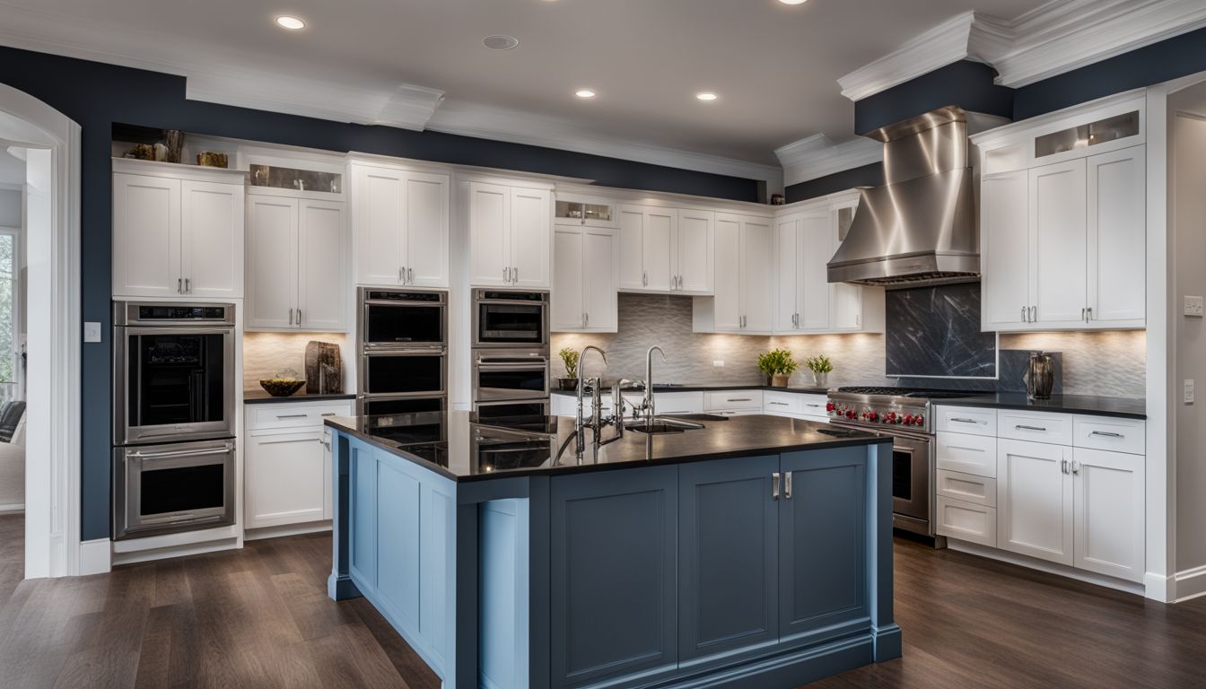A modern kitchen with white cabinets, black granite countertops and blue accents.