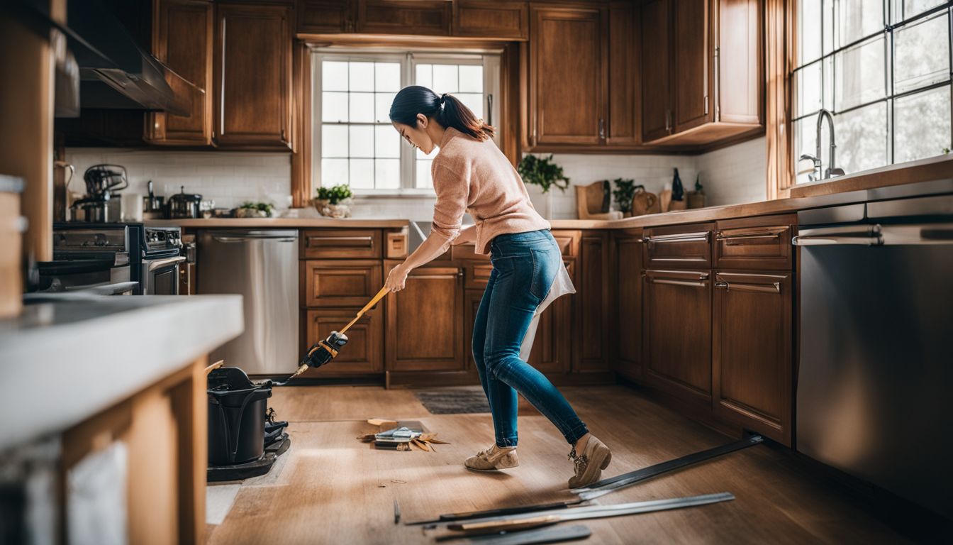 An Asian woman carefully removing kitchen cabinets using tools.