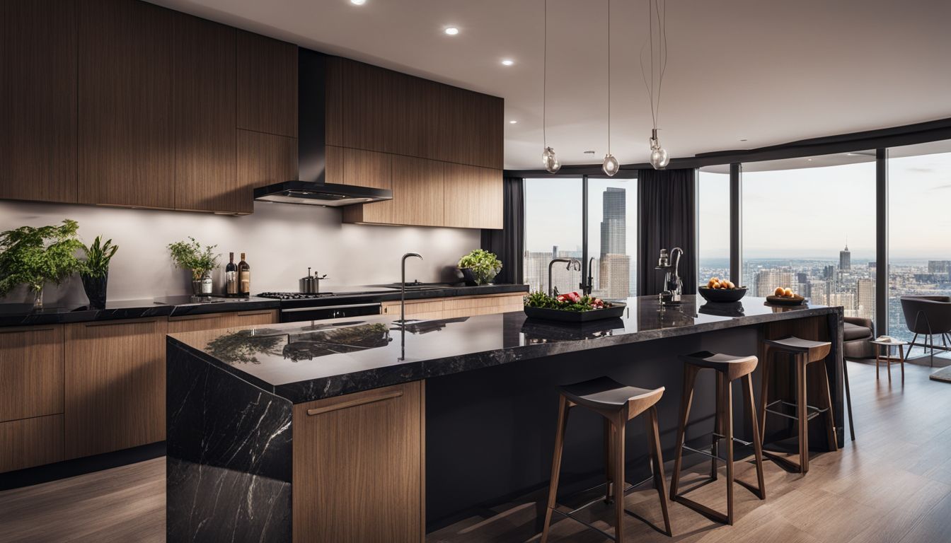 A modern kitchen with black granite countertops and a bustling atmosphere.