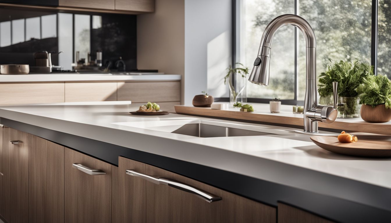A modern kitchen showcasing a stylish pull-out faucet and various details.