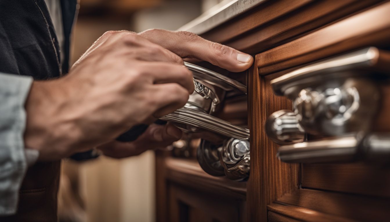 A close-up of a craftsman's hand holding high-quality cabinet hardware.