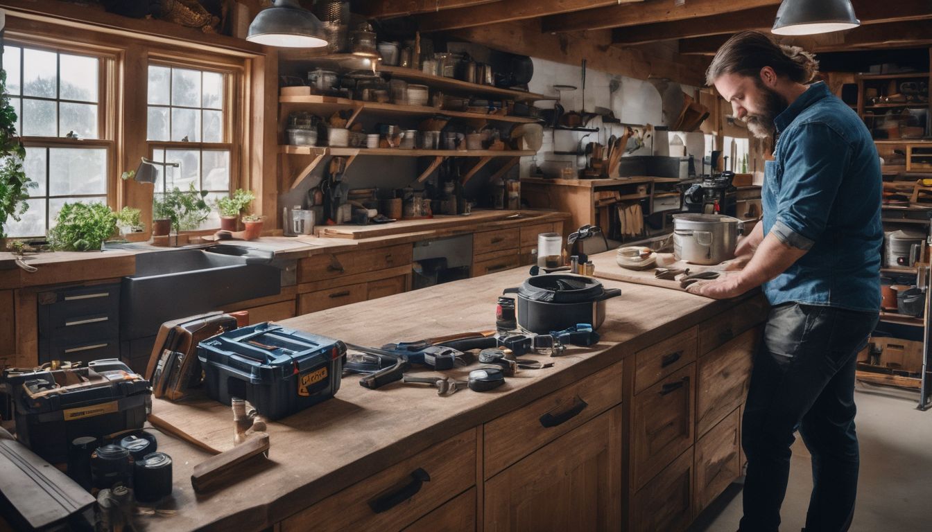 A kitchen cabinet installer in a workshop surrounded by tools and materials.