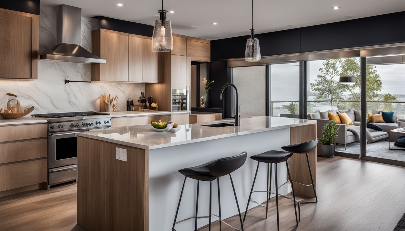 A photo featuring a modern kitchen, diverse people, and high-quality photography.