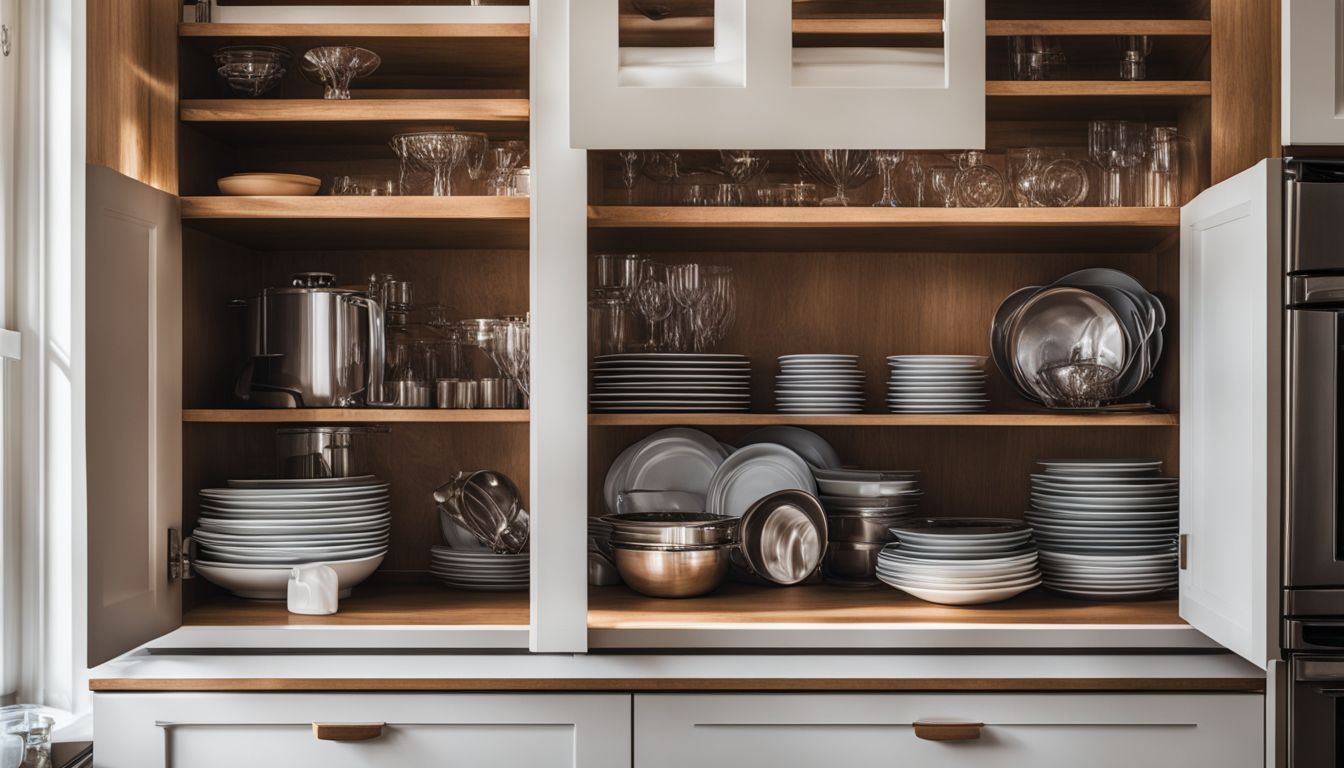 A well-organized kitchen cabinet with clean dishes and utensils.