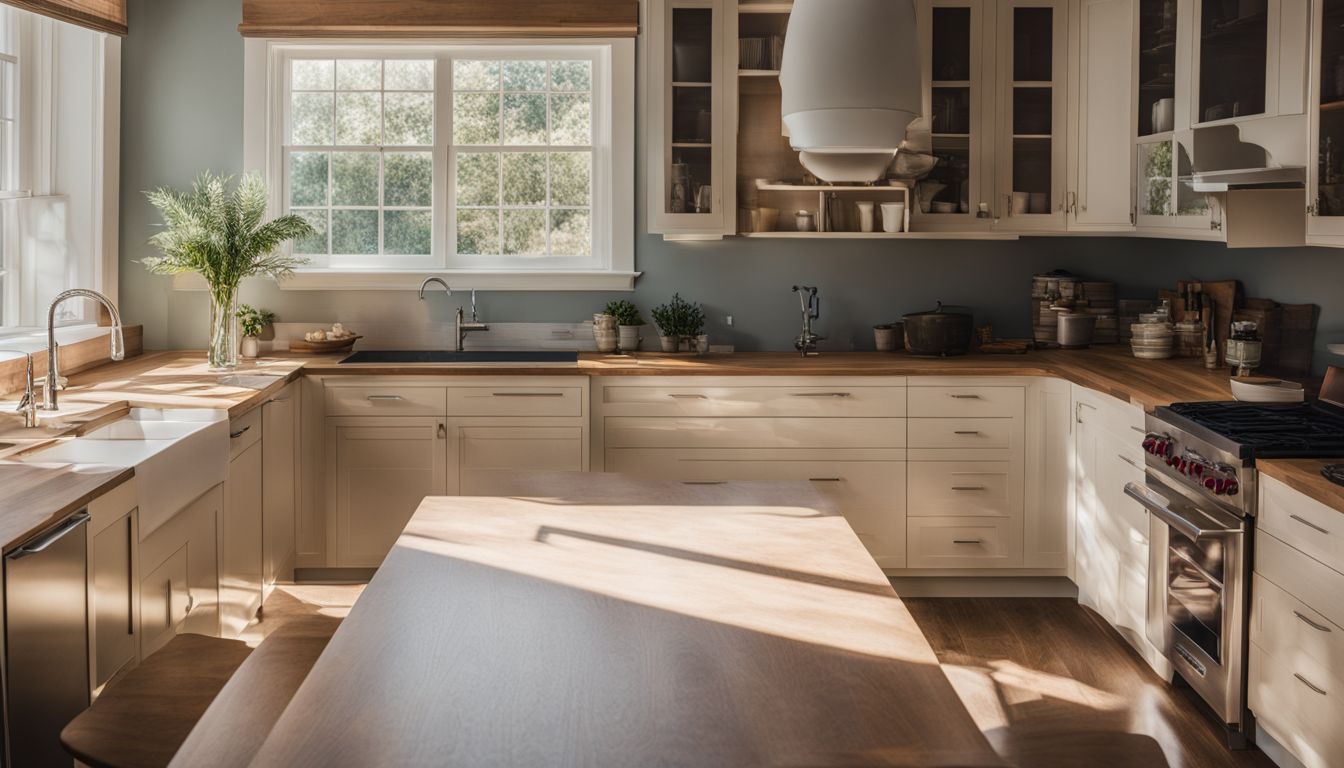 A photo of kitchen cabinets with cleared countertops and diverse people.