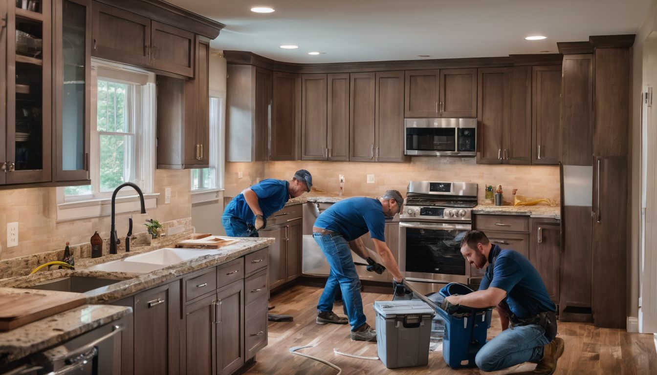 A group of workers dismantling base cabinets in a kitchen renovation.