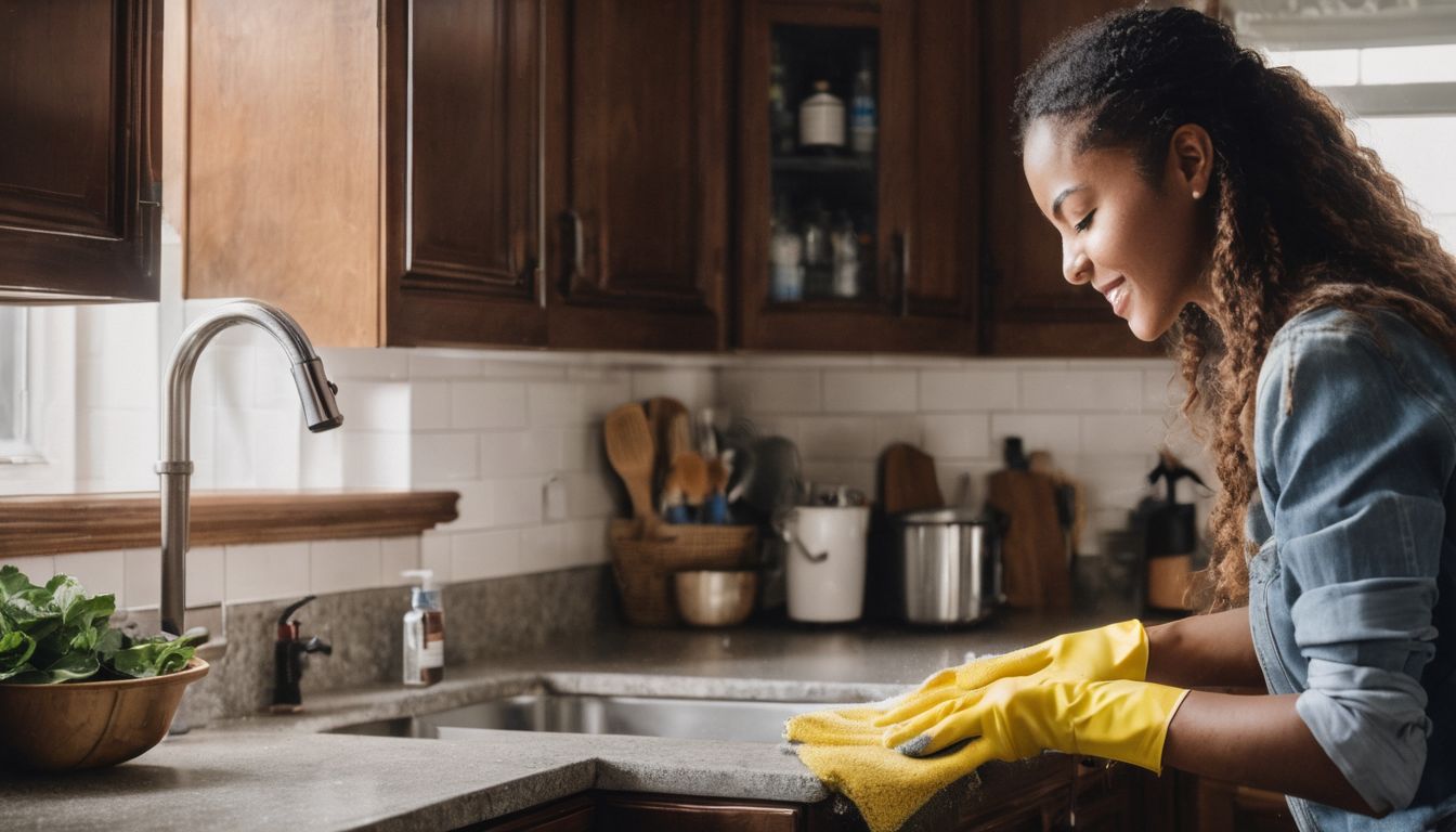 A person cleans a dirty kitchen cabinet with gloves and cleaning solution.