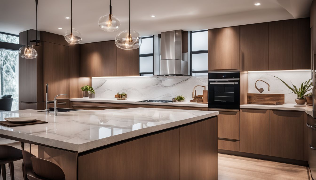 A modern kitchen countertop with sleek quartz and contemporary cabinets.