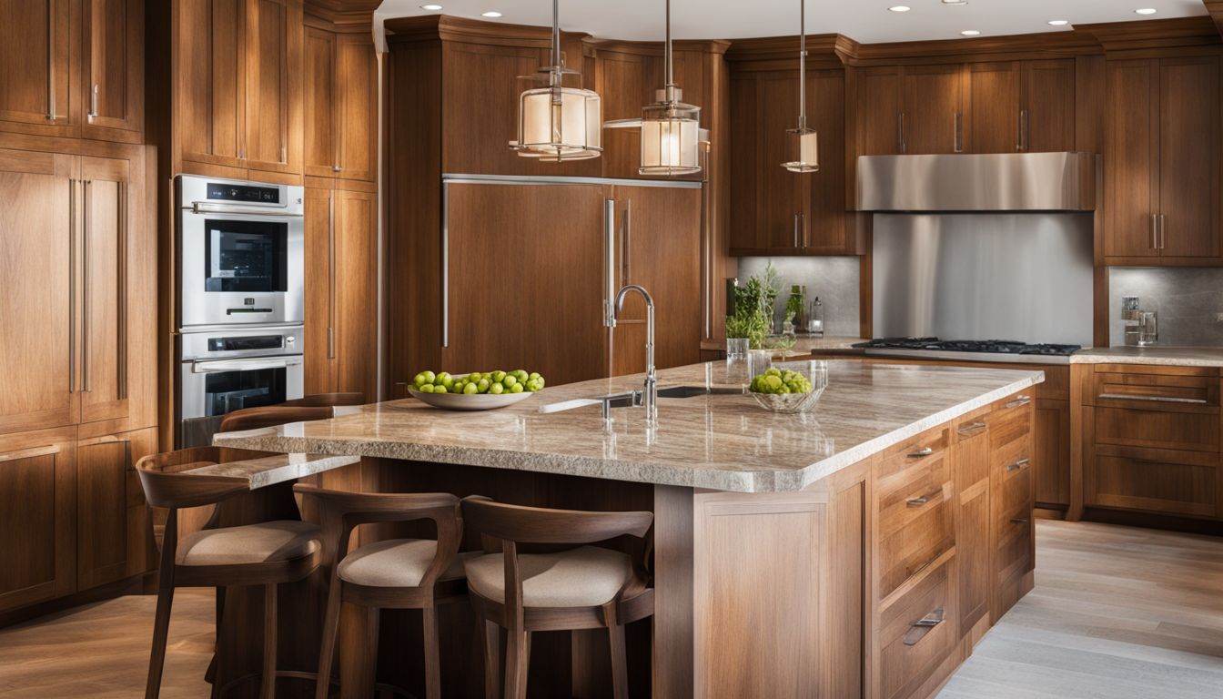 A photo of modern kitchen cabinets showcasing a polished oak finish.
