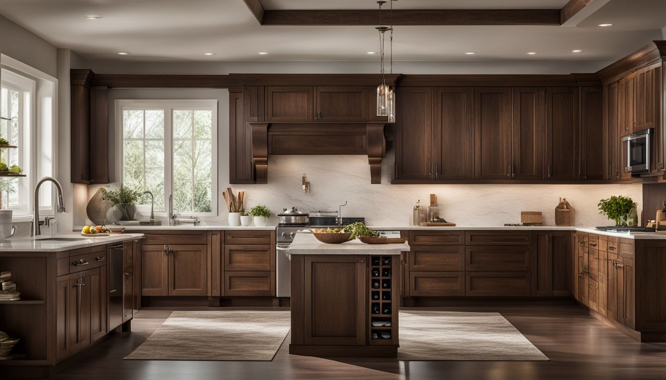 A photo of modernized oak cabinets in a bustling kitchen.
