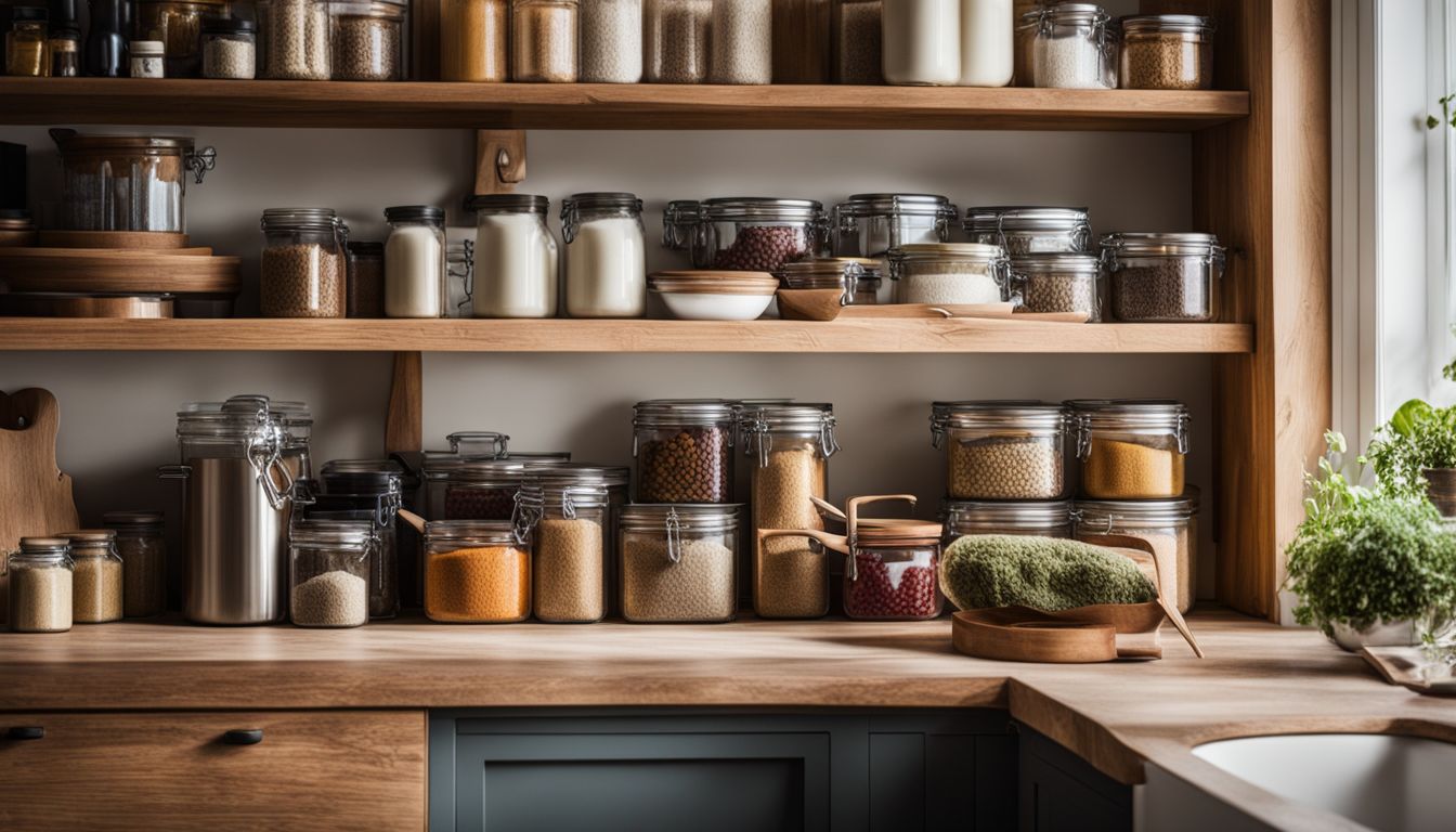 A well-organized kitchen with neatly labeled storage containers and utensils.