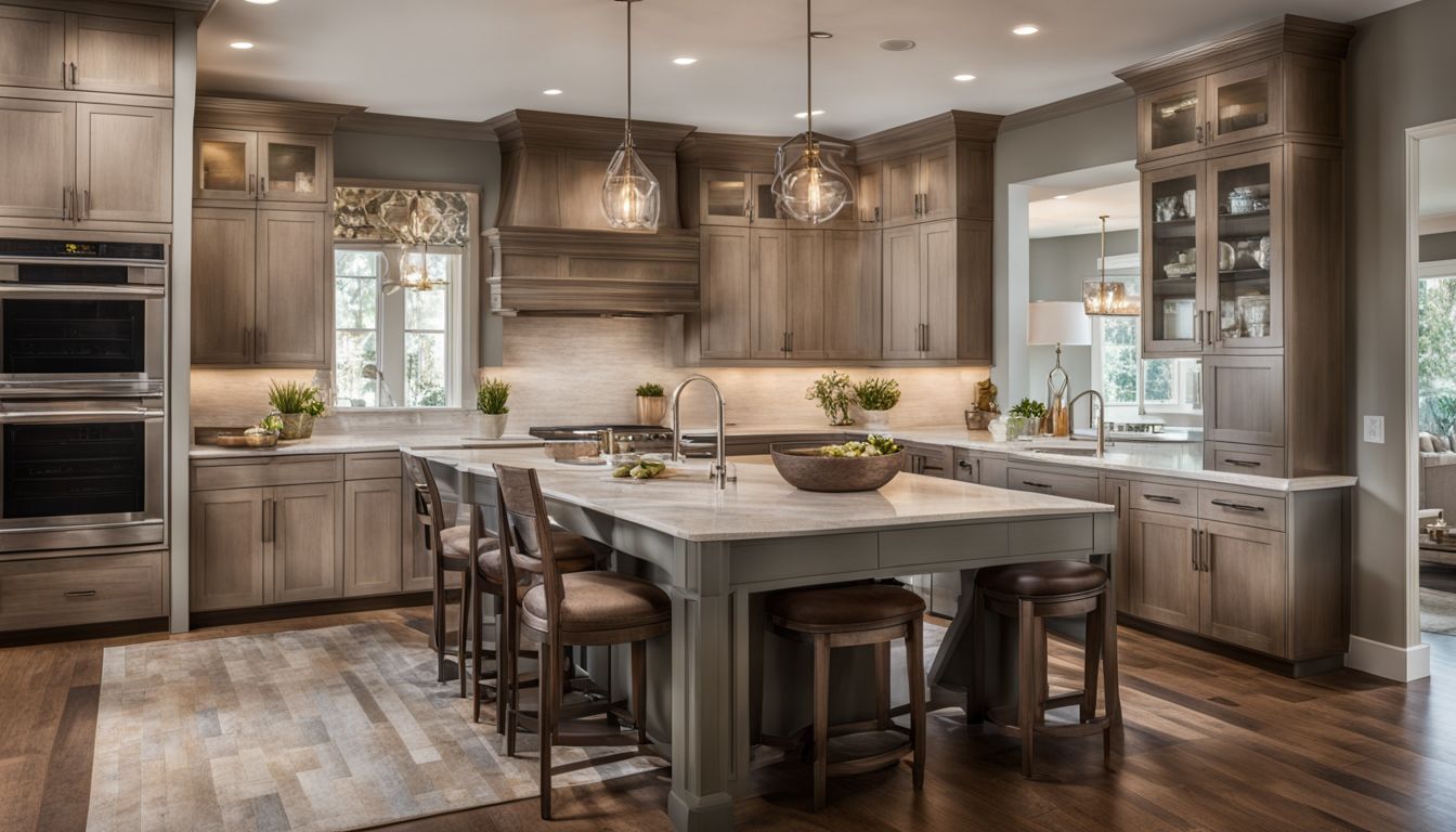 A beautifully designed kitchen with various finishes, colors, and accessories.