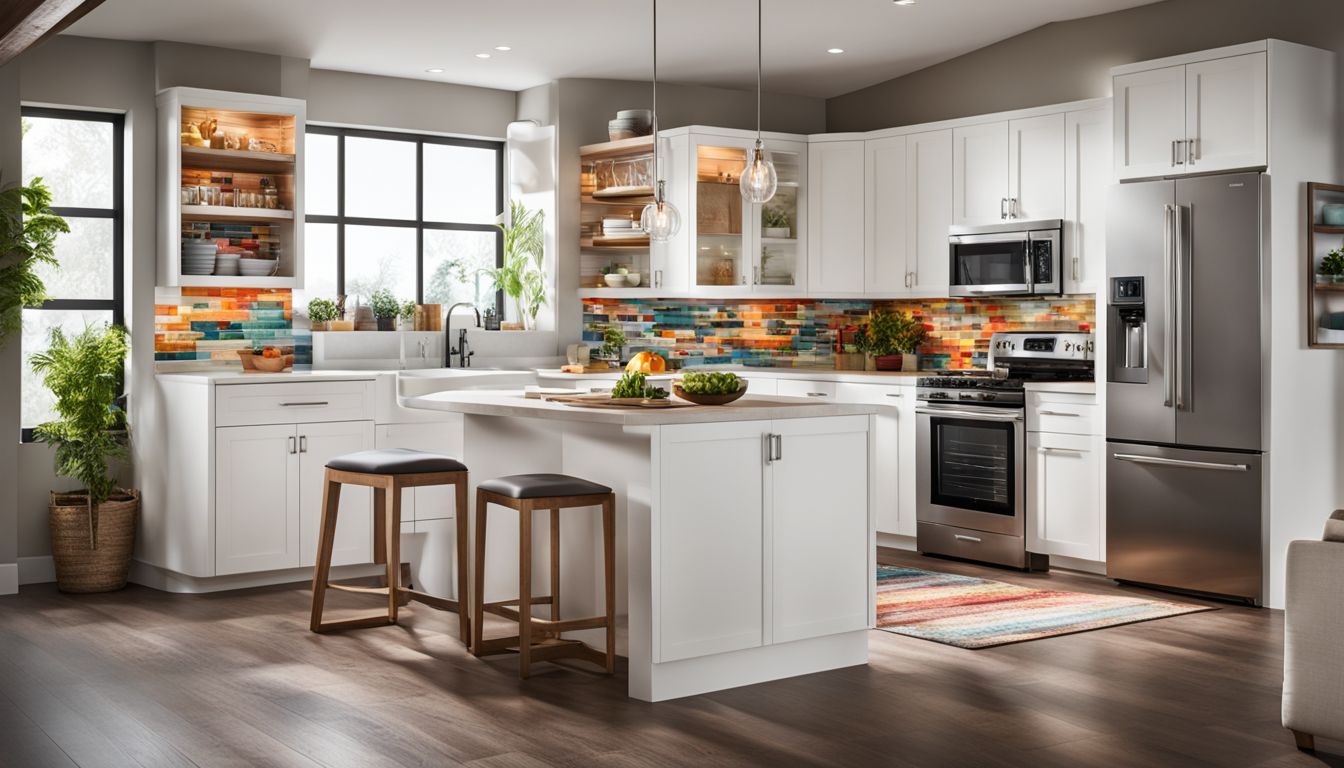 A stylish kitchen with white cabinets, colorful backsplash, and modern appliances.