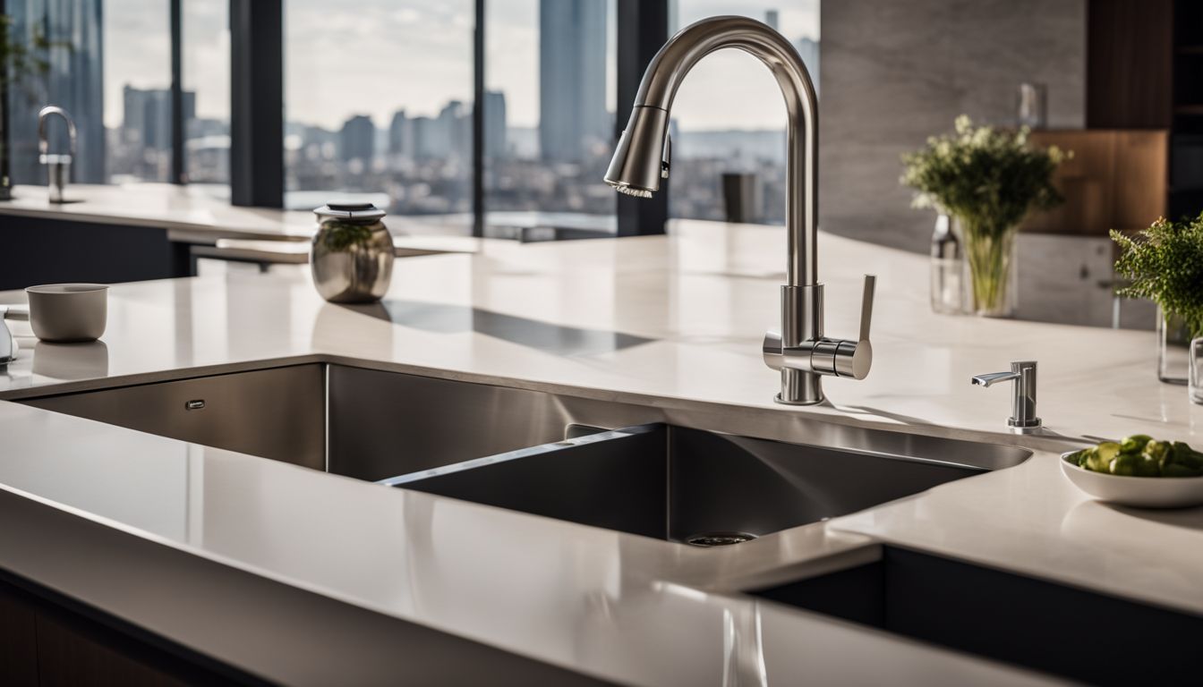 A photo of a modern kitchen sink with various people and styles.