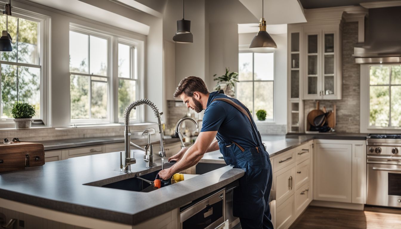 A plumber installing an undermount sink in a modern kitchen.