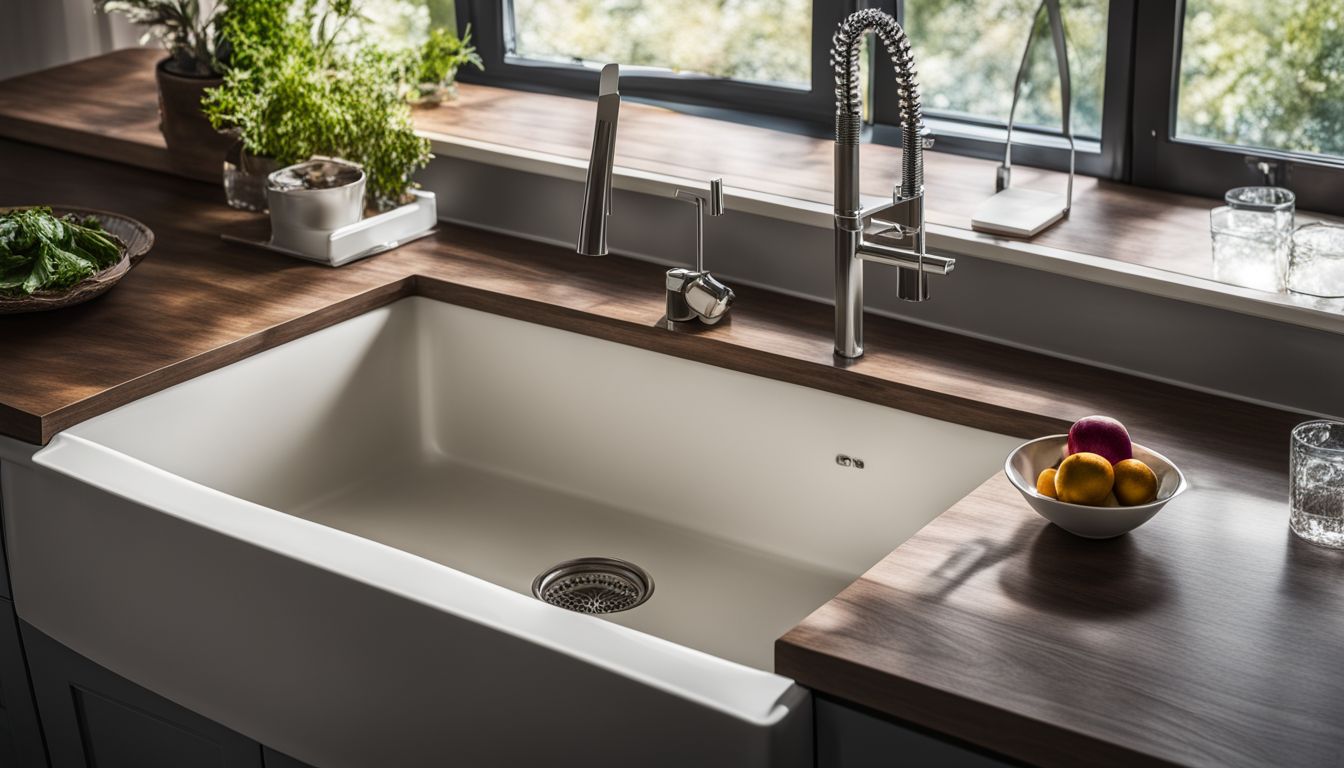 A photo of a modern kitchen sink with a spacious cabinet.