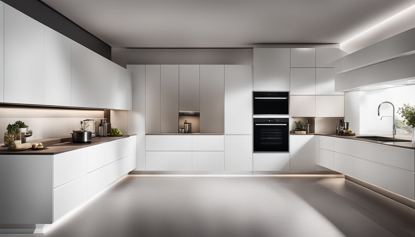 A modern kitchen cabinet with sleek design and metallic hardware.