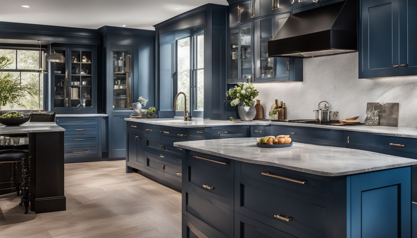 A beautifully decorated modern kitchen with slate blue cabinets and black granite countertops.