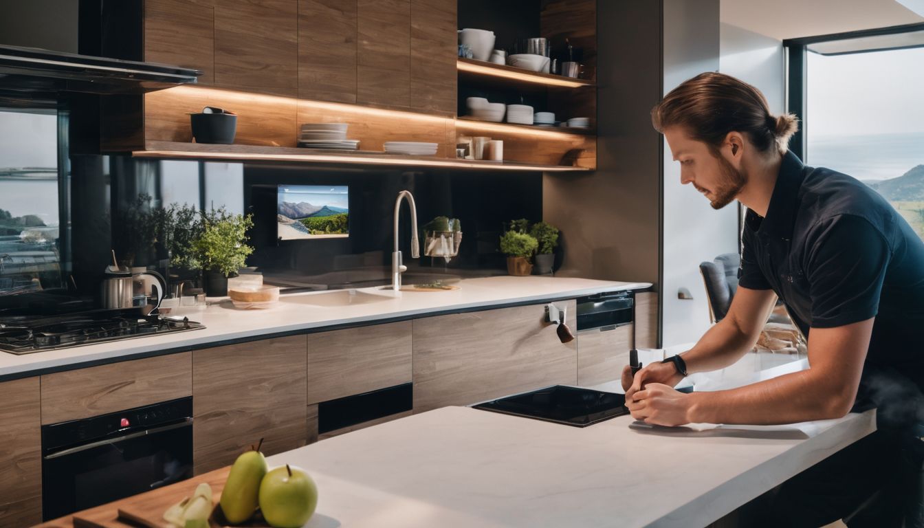 A person uses a smartphone to monitor a kitchen cabinet with a sink.