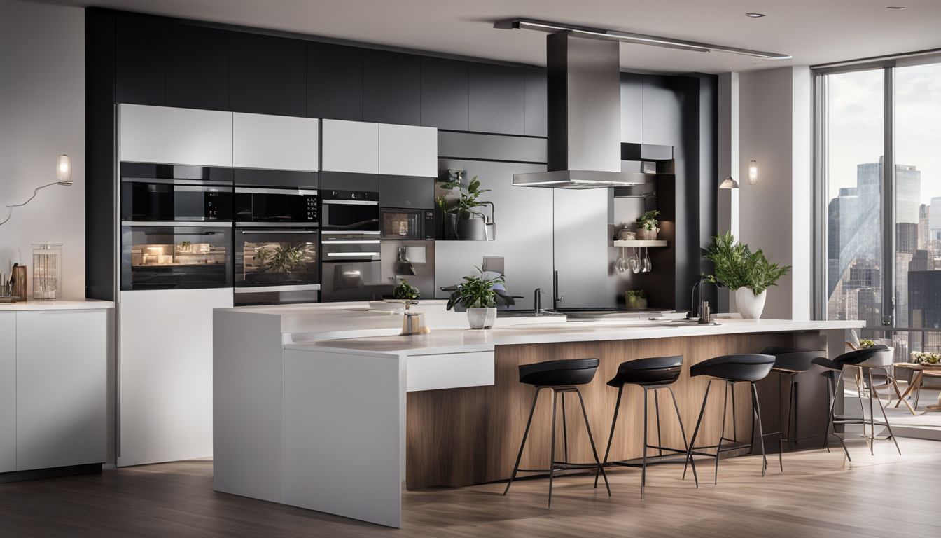 Sleek kitchen with diverse people and stylish cityscape photography.