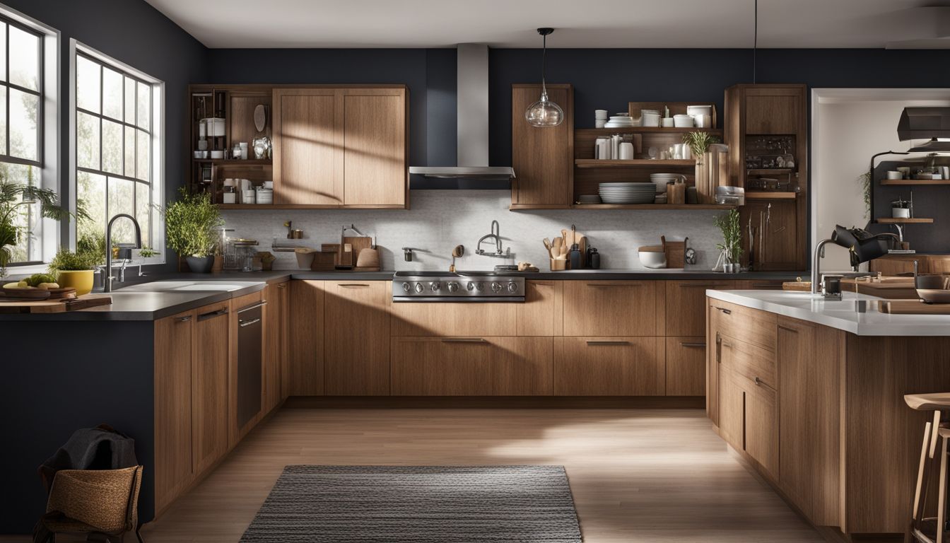 A modern kitchen showcasing Lowe's deals and various styles of people.