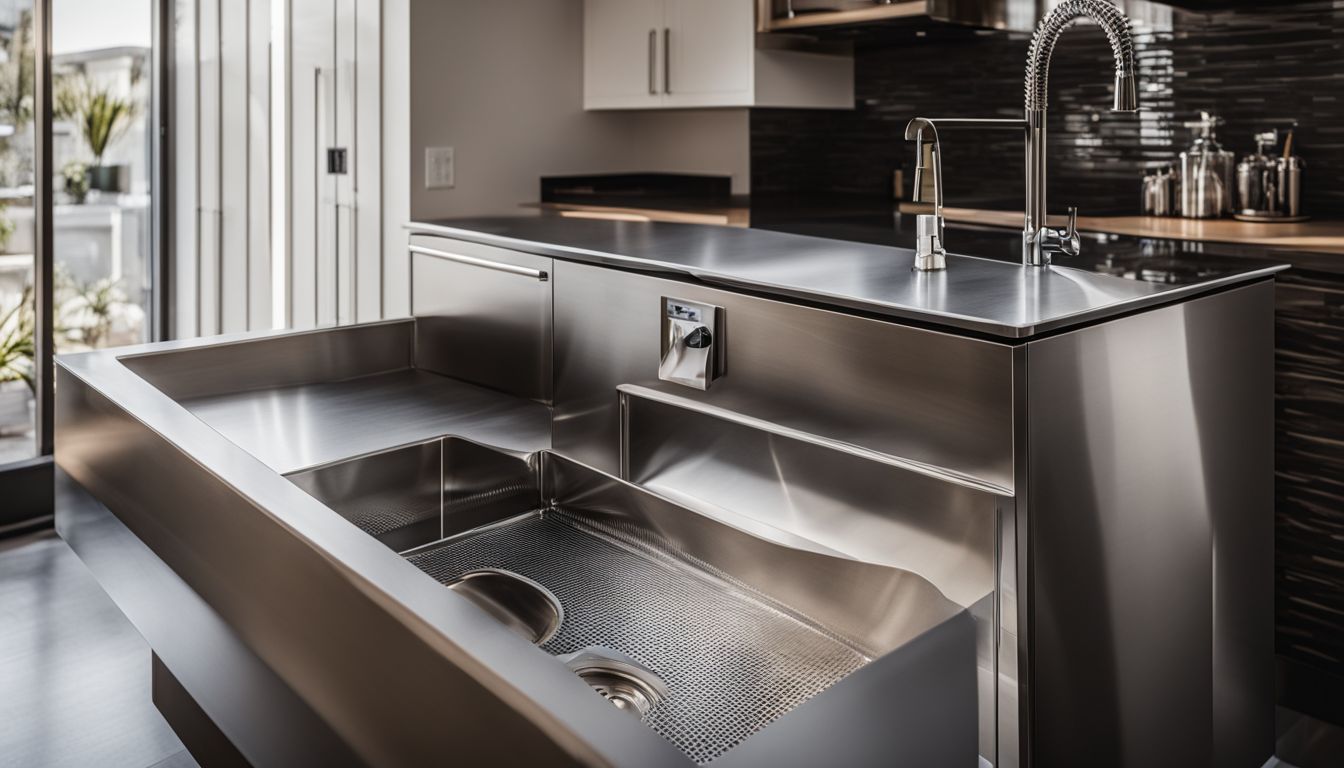 A modern kitchen with a shiny stainless steel utility sink.