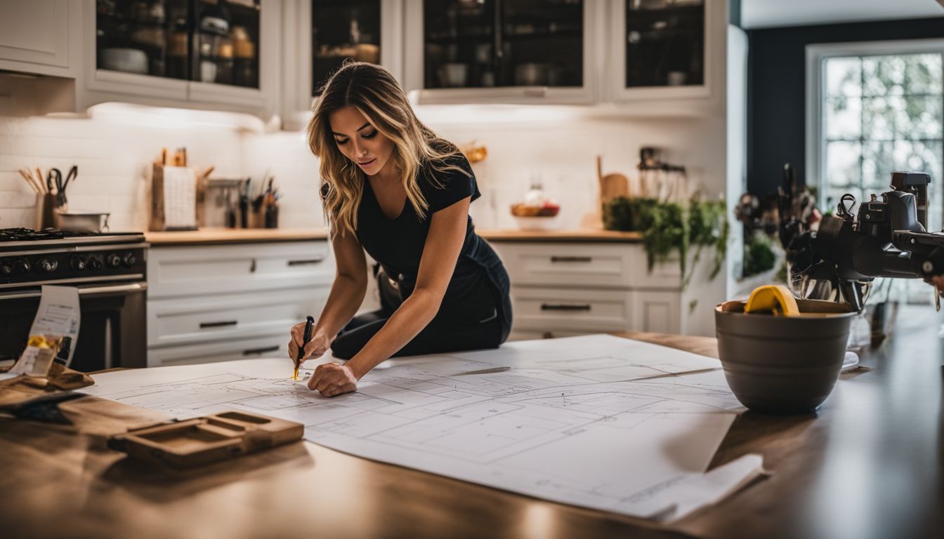 A person measures and plans their kitchen for interior design.