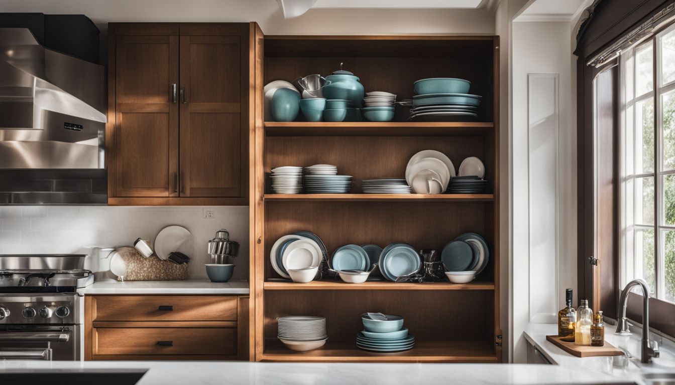A well-organized kitchen cabinet with sparkling dishes and utensils.