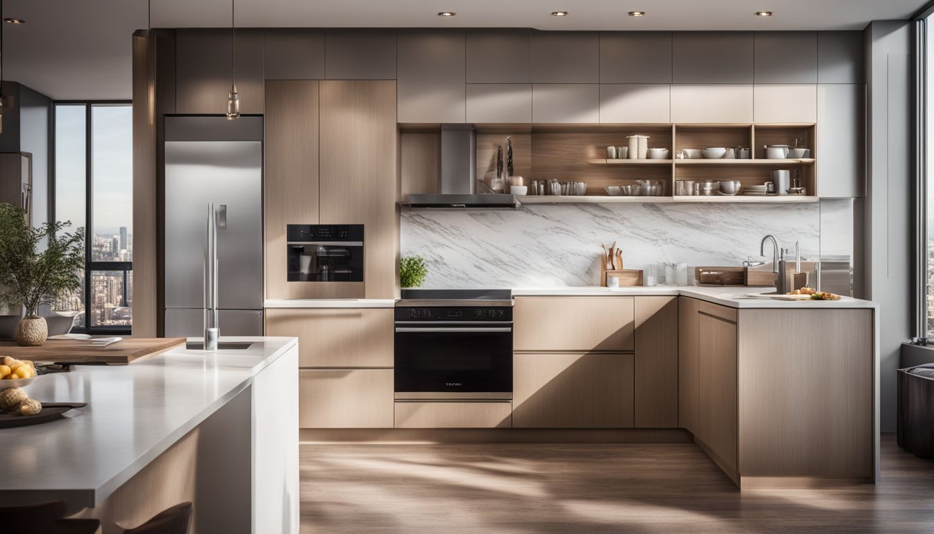 A modern kitchen with stock cabinets and a minimalist design.