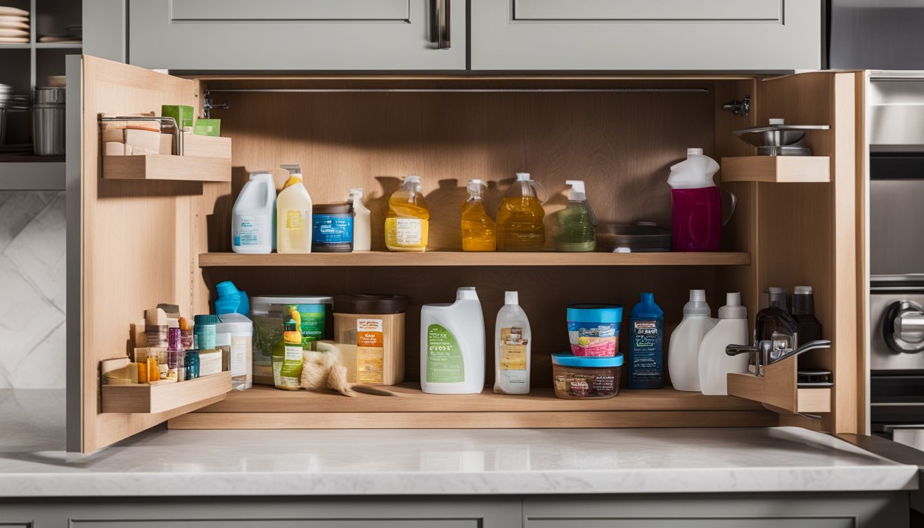 A well-organized kitchen cabinet with various store-bought cleaning products.