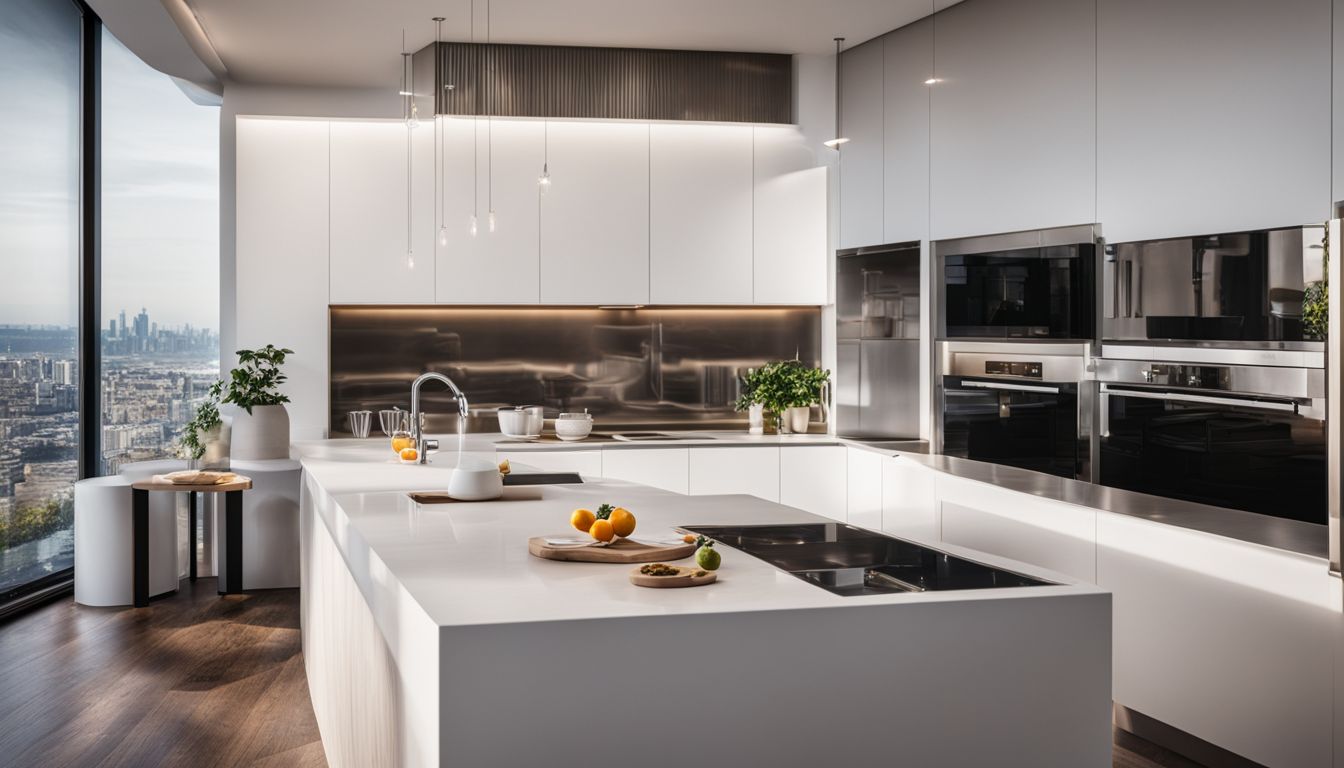 A modern kitchen with a stainless steel sink and white cabinets.
