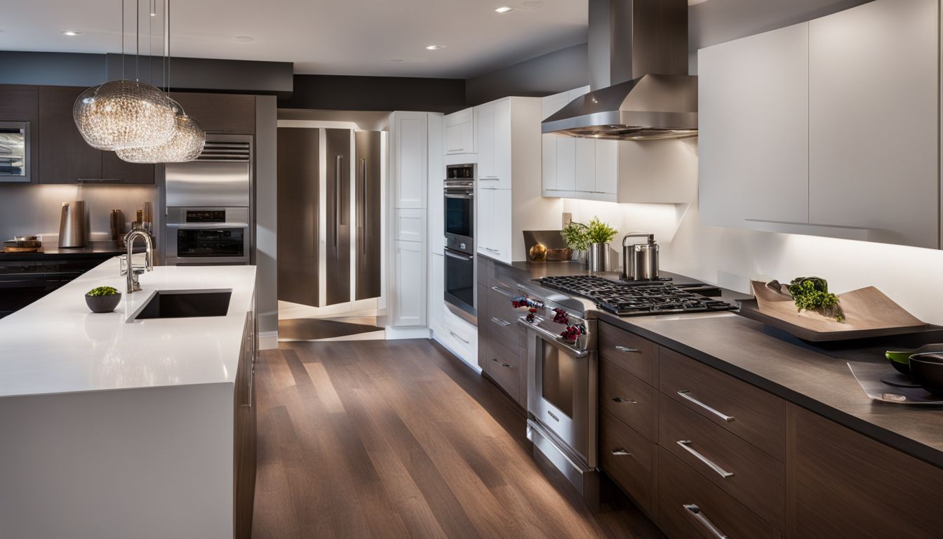 A contemporary kitchen with white custom cabinets, dark countertops, and stainless steel appliances.