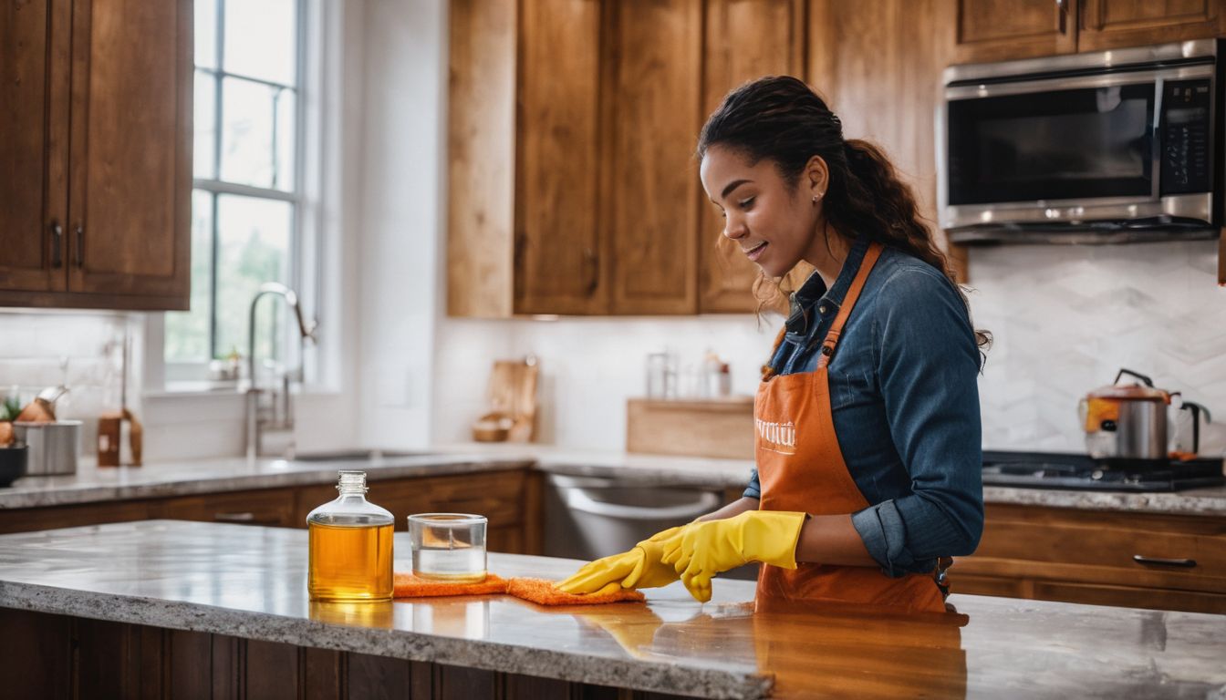A person cleaning wood cabinets with a natural orange oil cleaner.