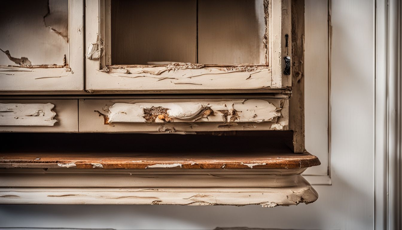 A damaged kitchen cabinet in need of refacing.