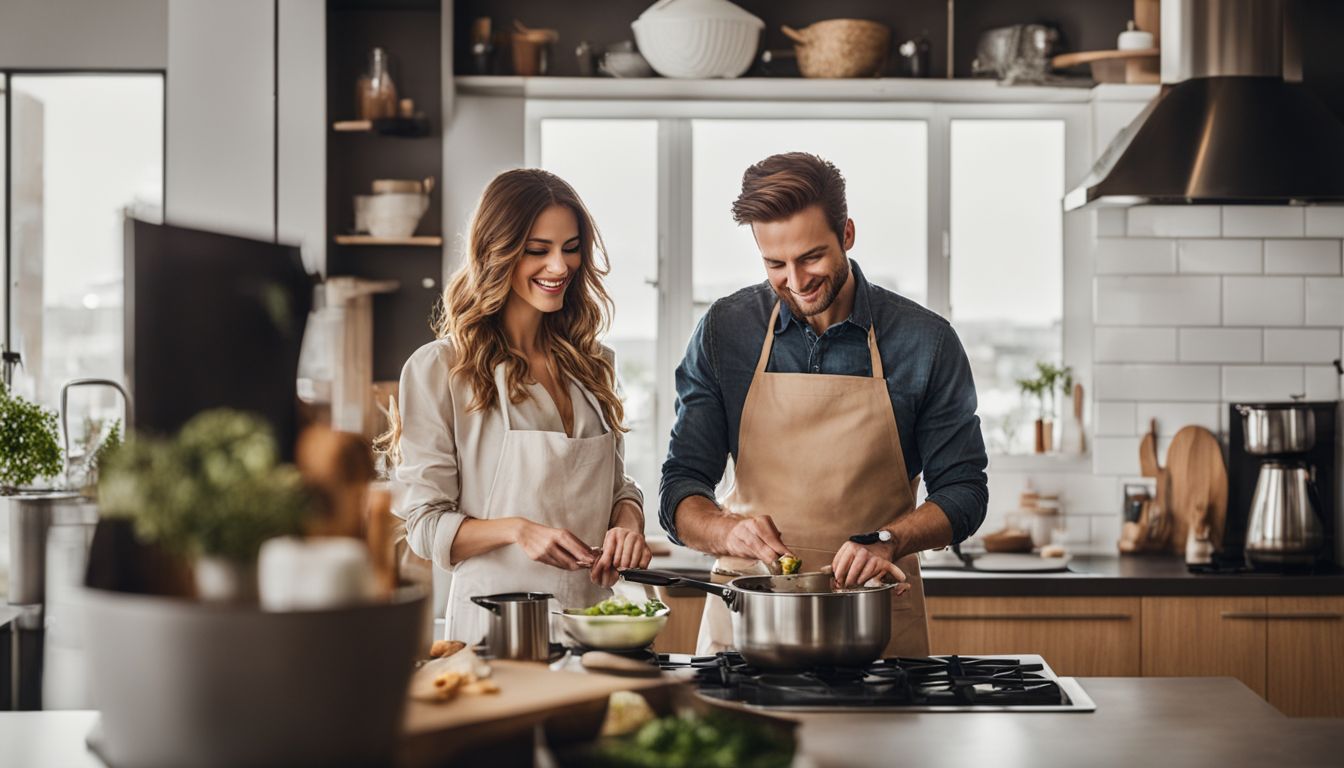 A man and woman happily cooking together in a modern kitchen.