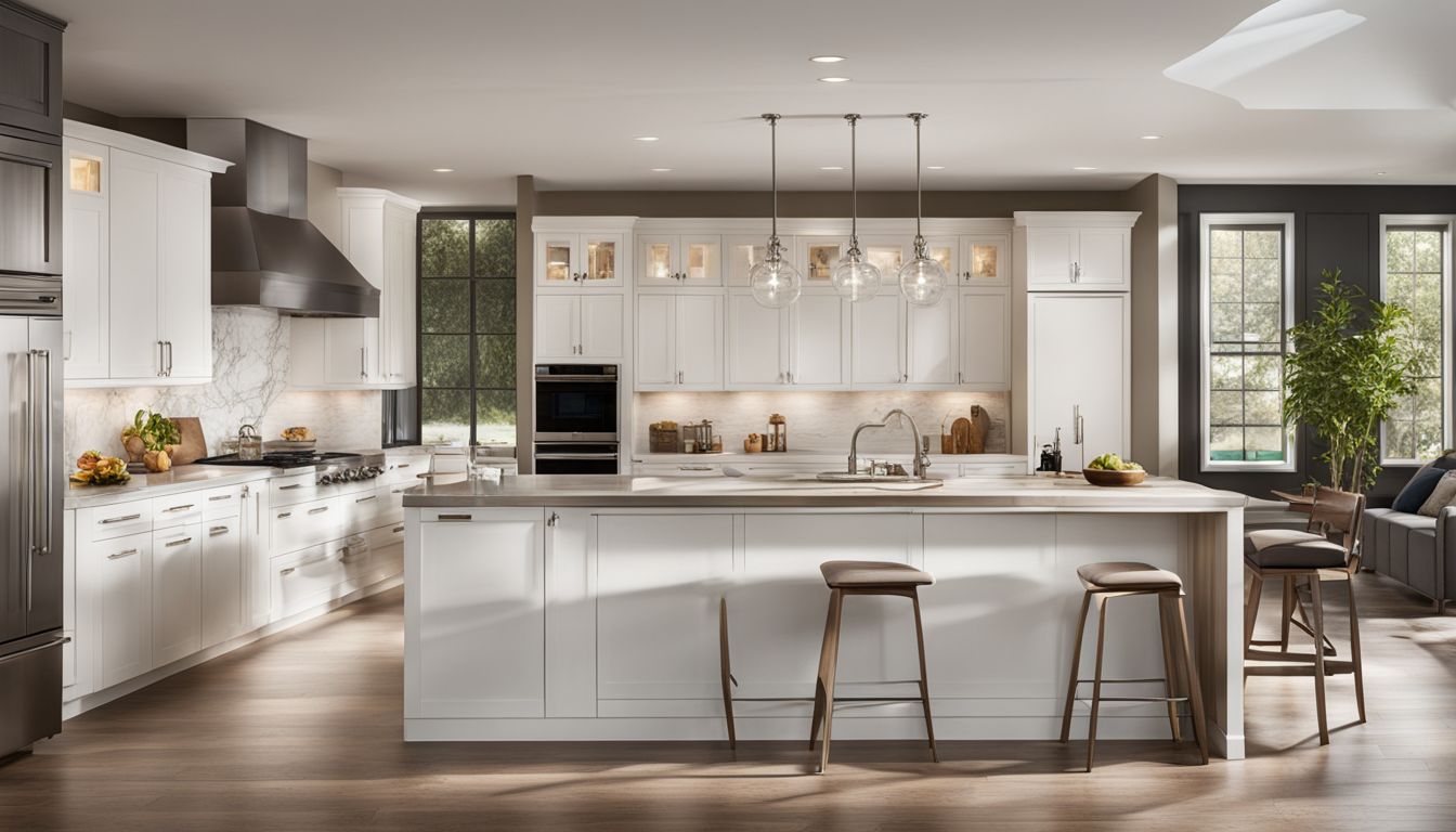A modern kitchen with sleek white cabinets, featuring top brands.