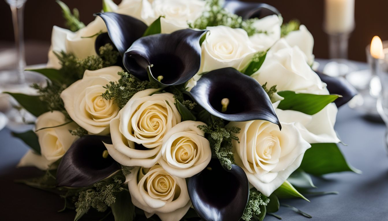 A beautifully arranged bouquet of white roses and black calla lilies.