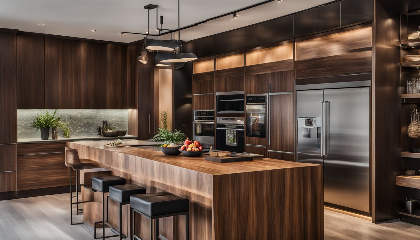 A photo showcasing various colorful veneer finishes on wooden cabinets.