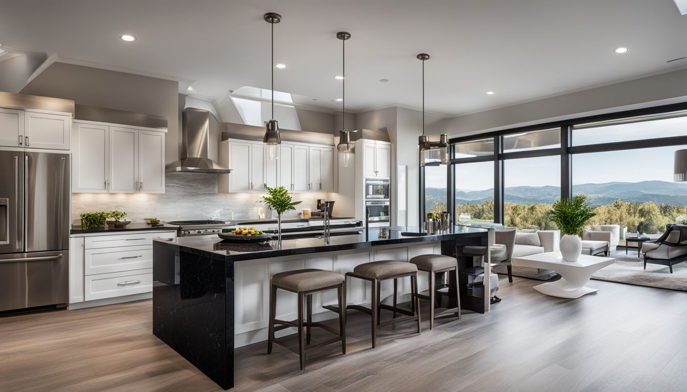 A modern kitchen with black granite countertops, white cabinets, and large windows.
