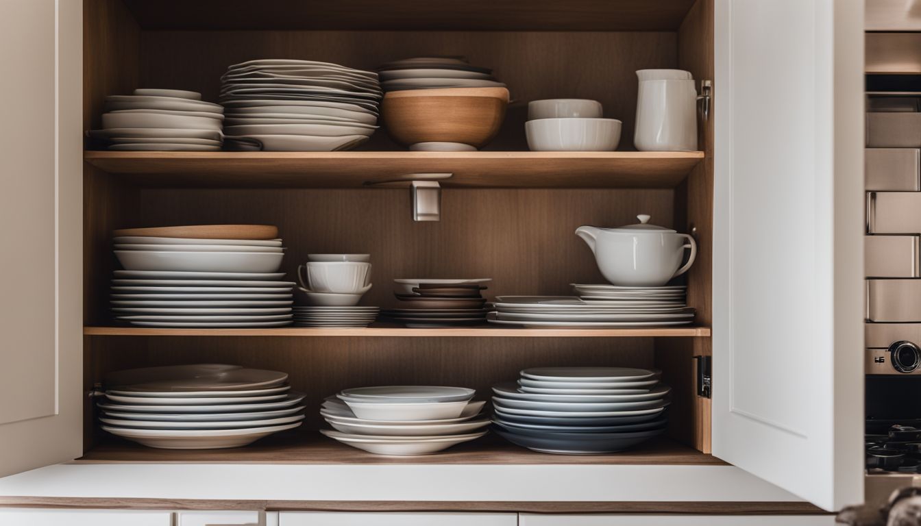 A neatly organized kitchen cabinet with dishes and utensils.