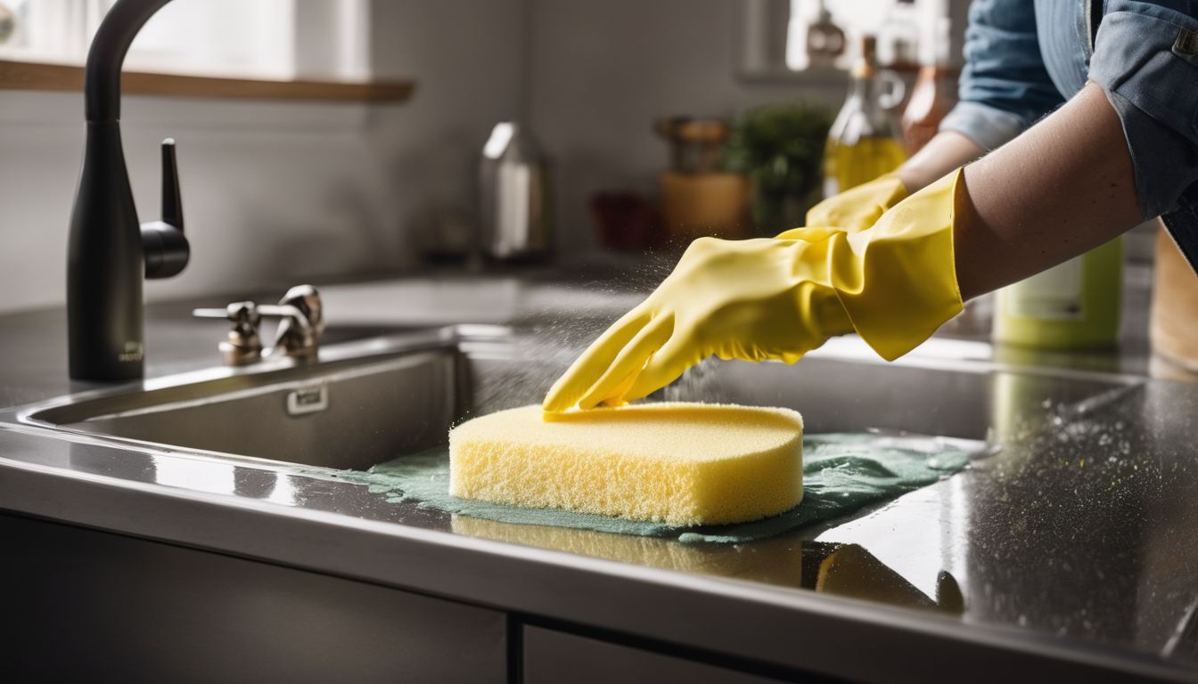 A person cleaning a sparkling kitchen sink with gloves and a sponge.